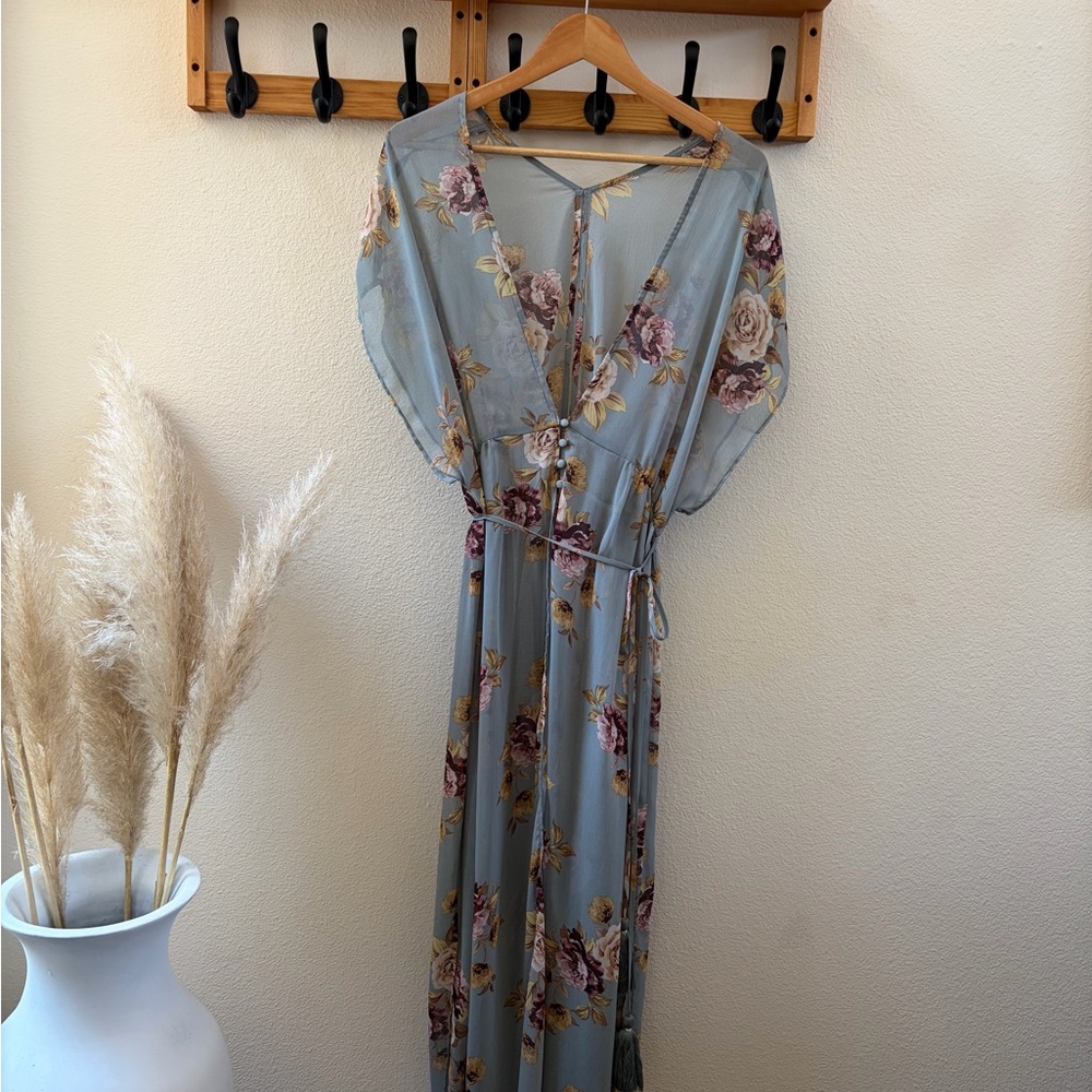 Floral V-Neck Maxi Dress in Dusty Blue